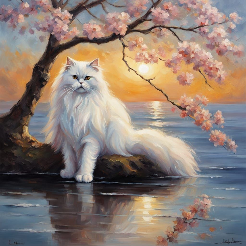 Persian Cat on Cherry Blossom Branch Overlooking Ocean in Su...