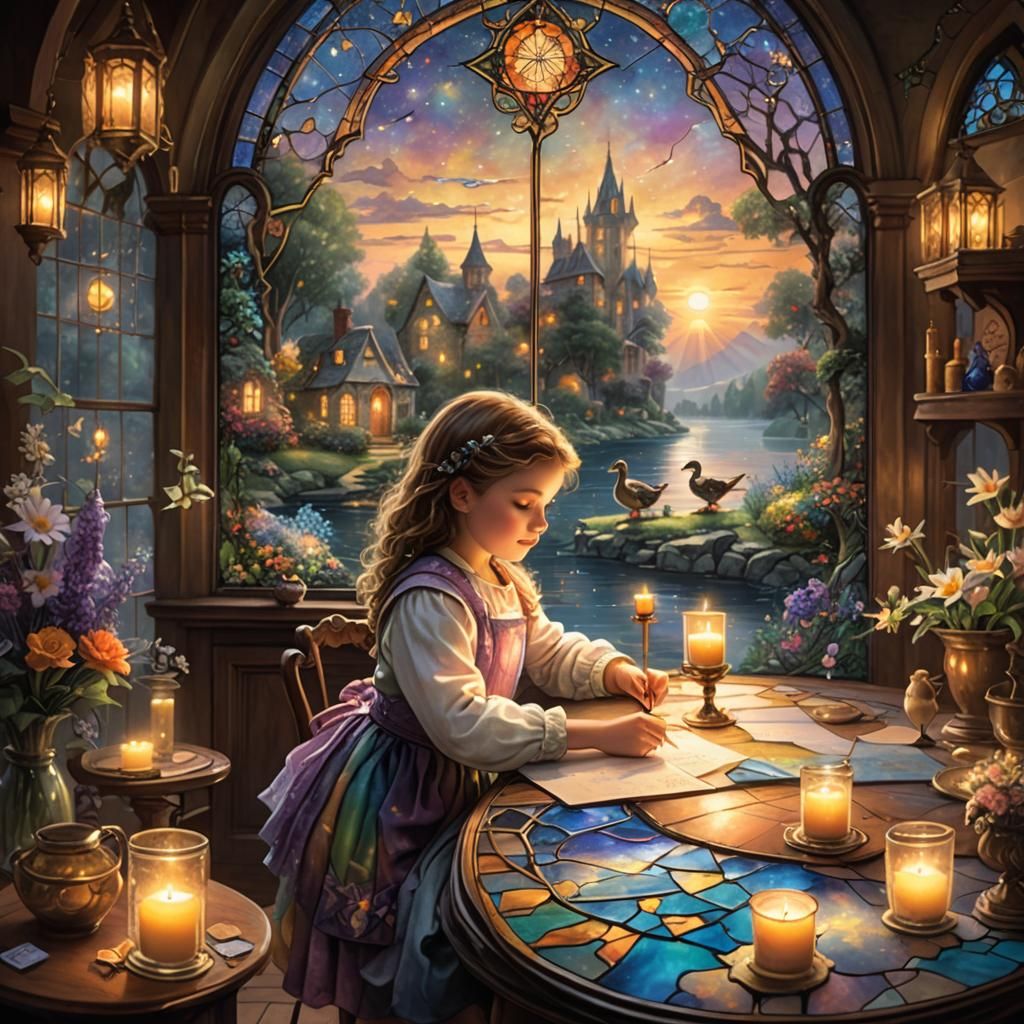 Little Girl Designs Stained Glass Window at Sunset