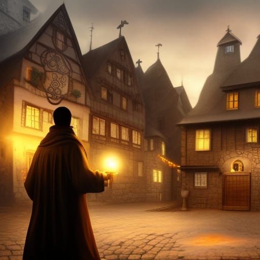 Ghostly Figure in Slovakia Village Square Painting