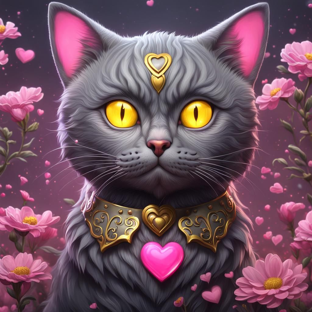 Cute Grey Cat with Pink Heart, Detailed Digital Art