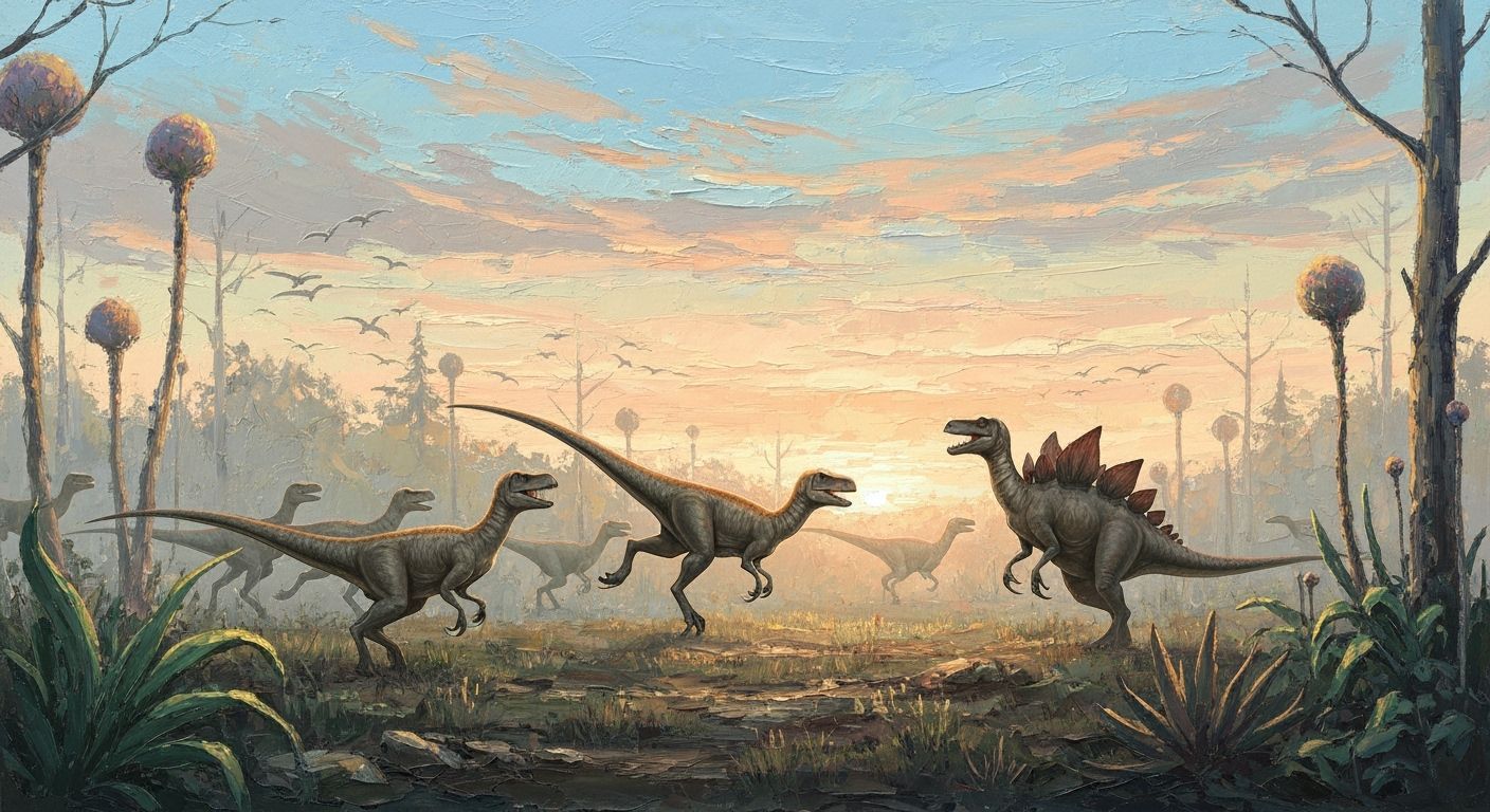 Velociraptors Chase Stegosaurus at Sunset