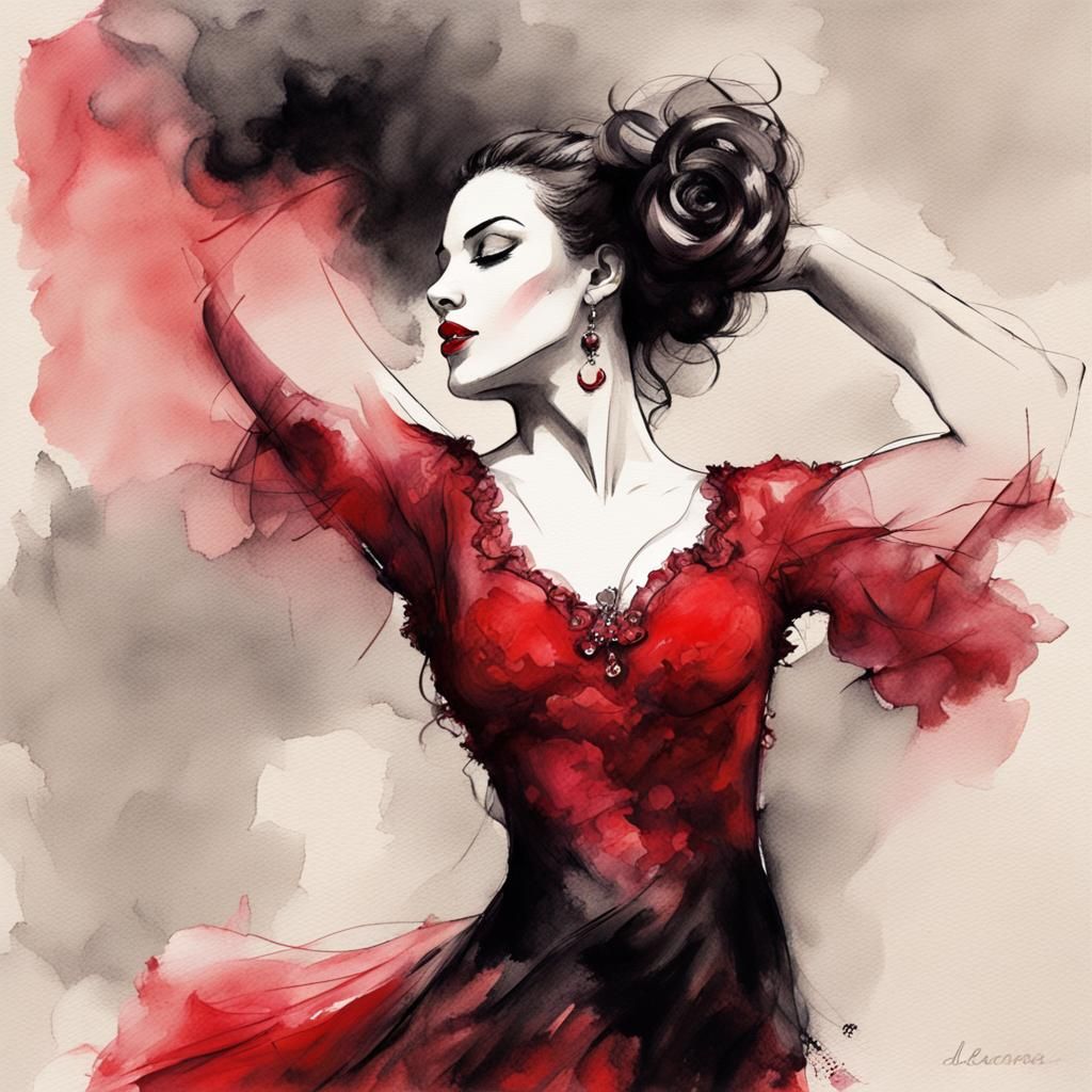 Flamenco Dancer in Watercolor with Guitarist