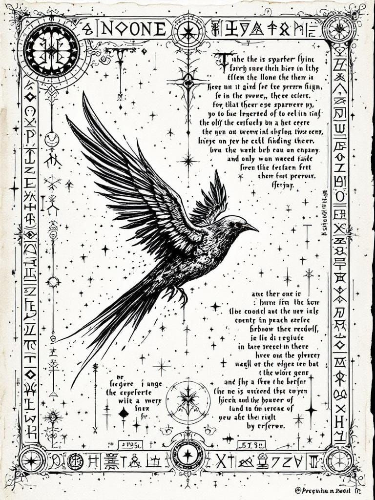 Intricate Ink Drawing of a Mysterious Flying Sparrow