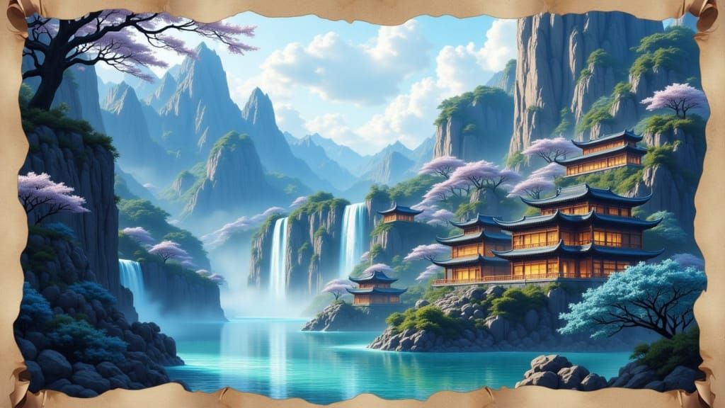 Mystical Asian Village in Dreamlike Landscape