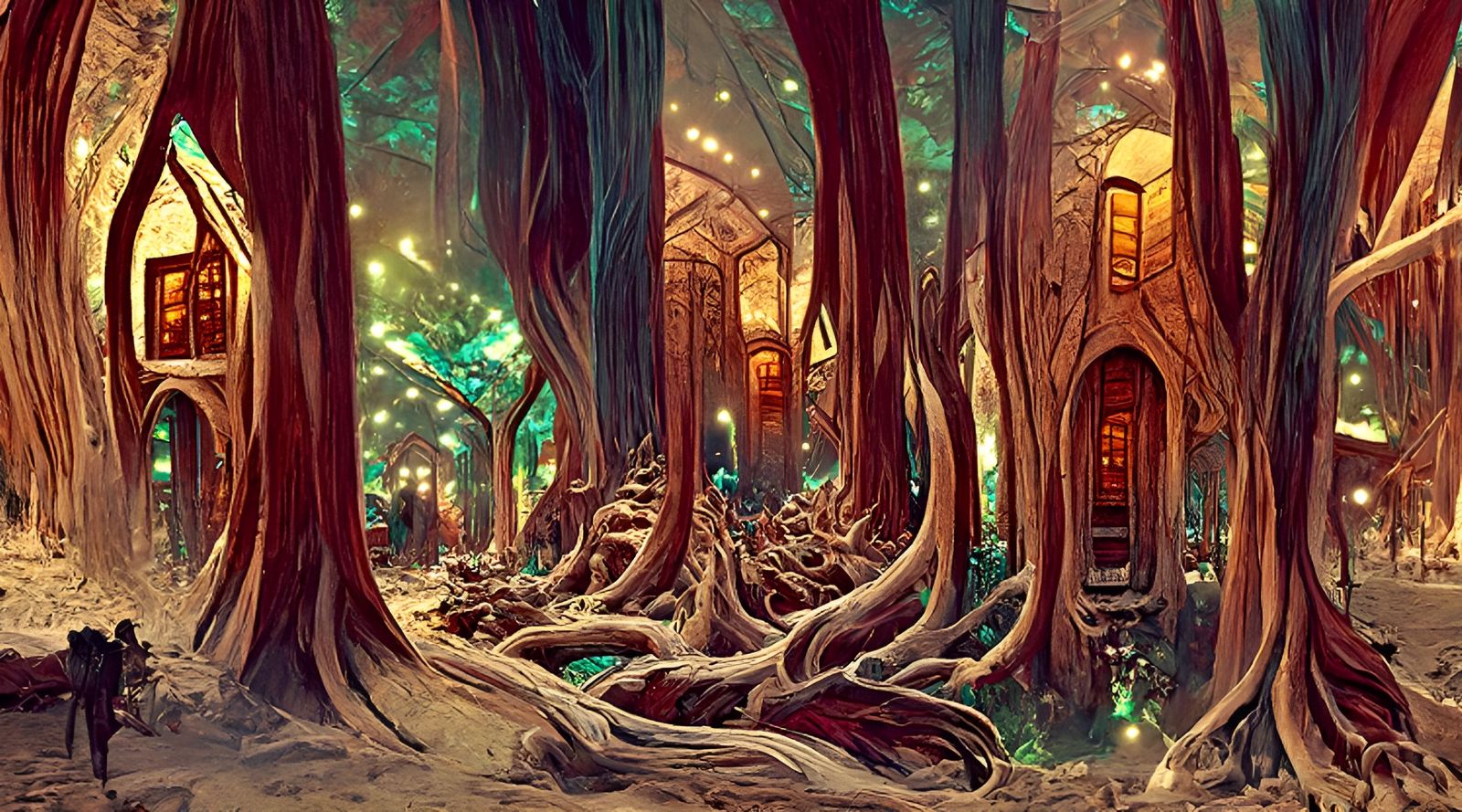 Magical Treehouse Village in Fantasy Forest