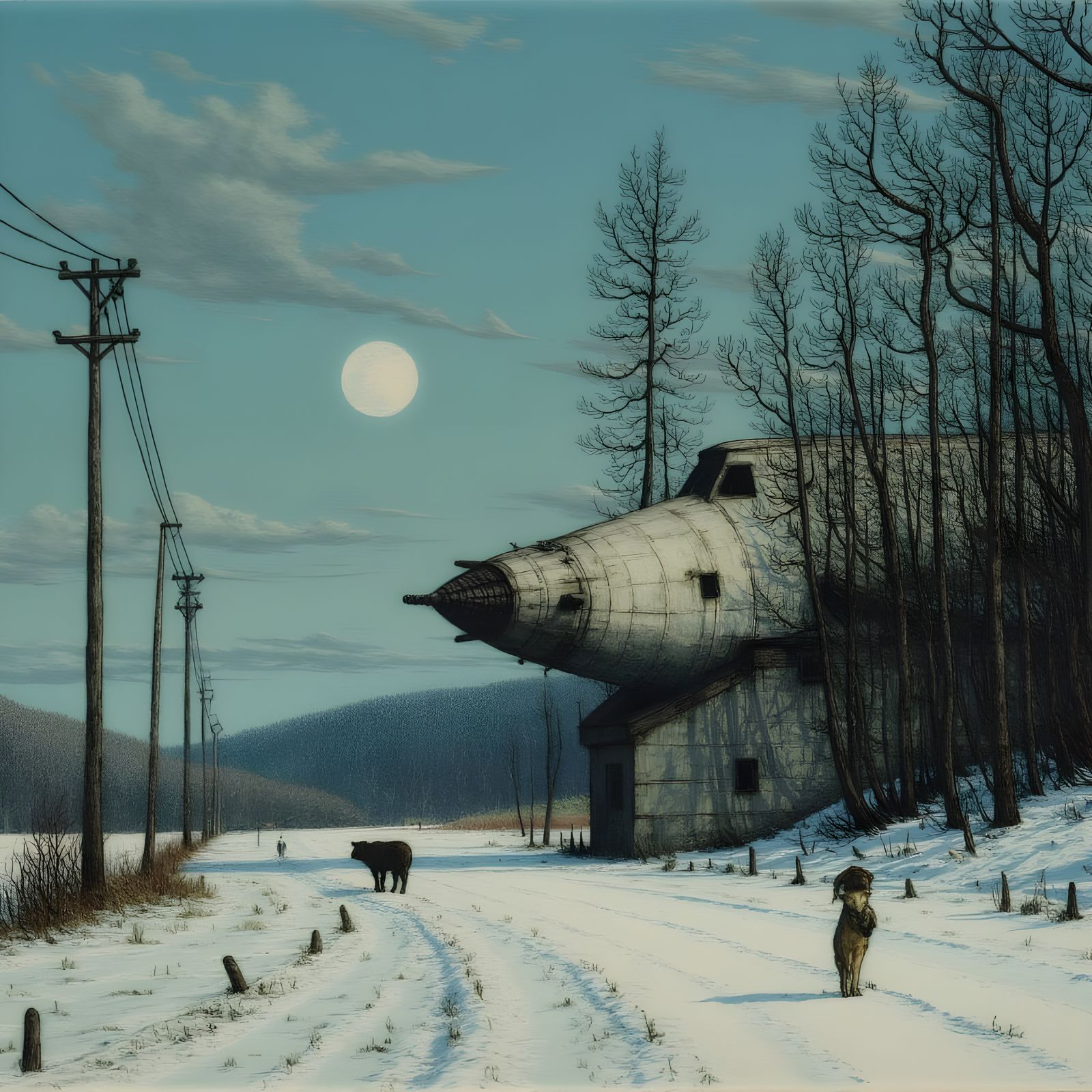 Moonslit Morning Stroll through Frosty Winter Landscape with...