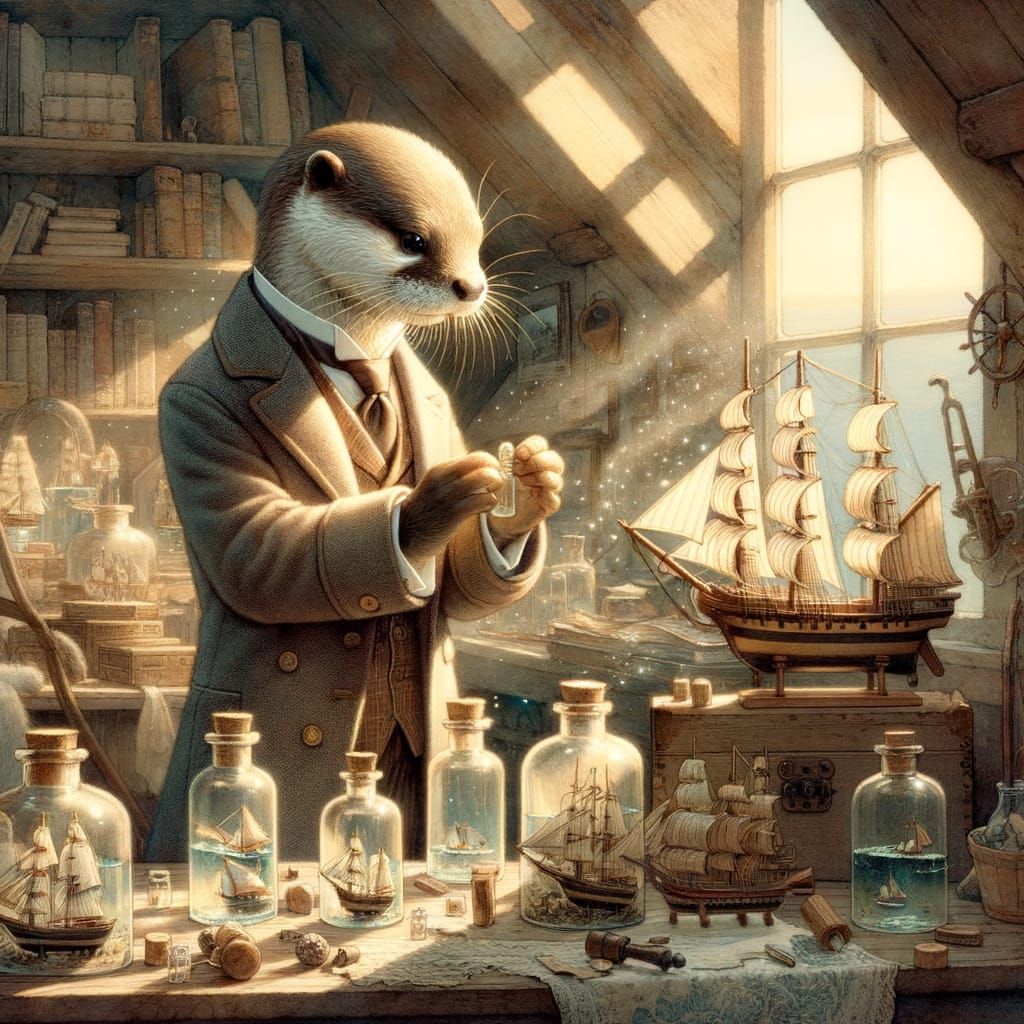 Otter Crafts Ships in Bottles, Watercolor Painting