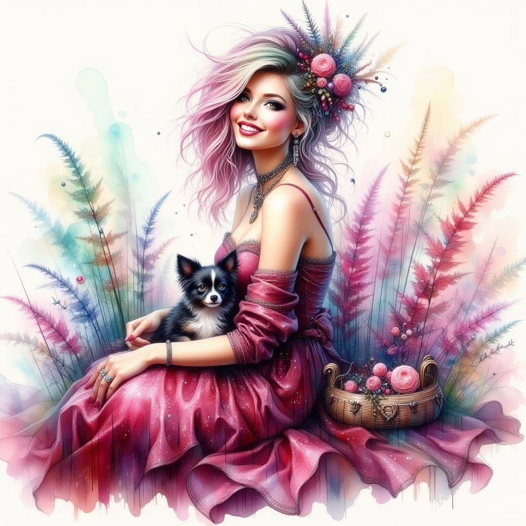 Elegant Woman in Burgundy Gown with Holly Hair