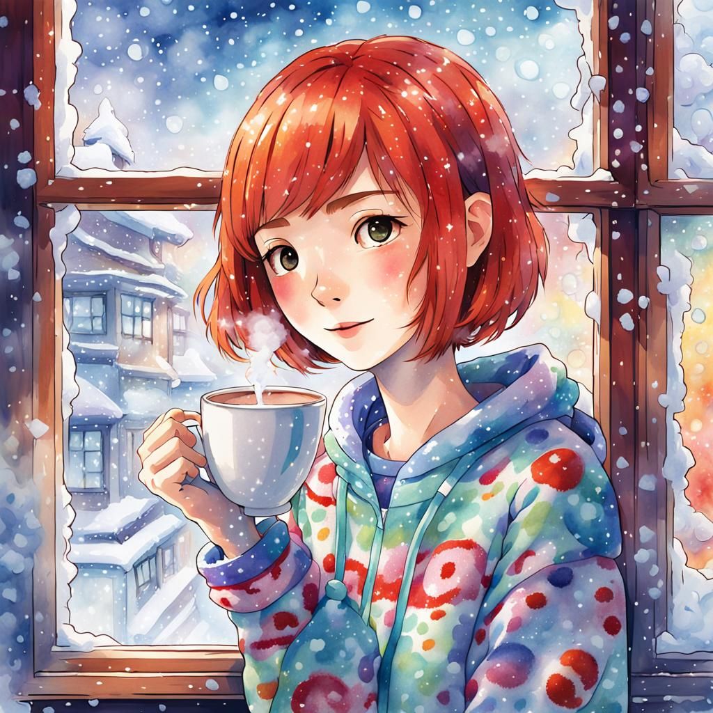 Japanese Anime Young Girl in Frosty Window Scene