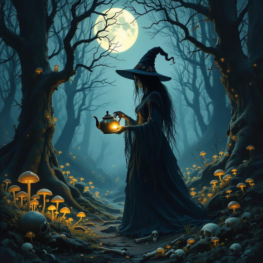 Spectral Witch in Moonlit Enchanted Forest Oil Painting