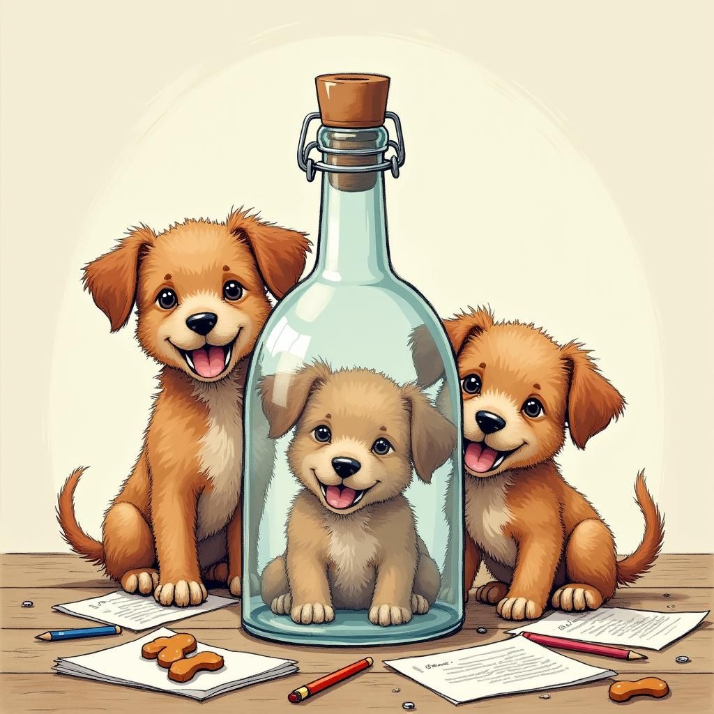 Playful Puppies in Bottle, Bold Illustration Style