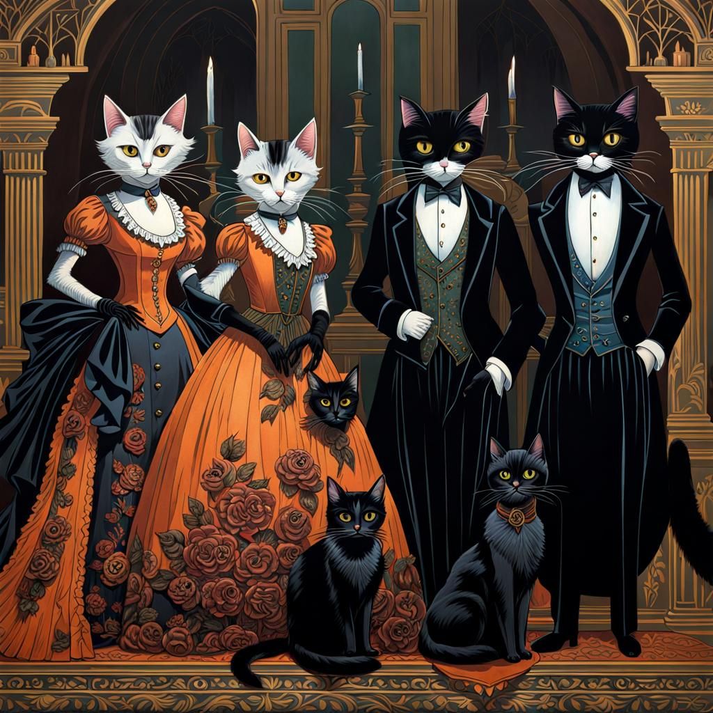 Spooky Cats in Victorian Era Ballgowns