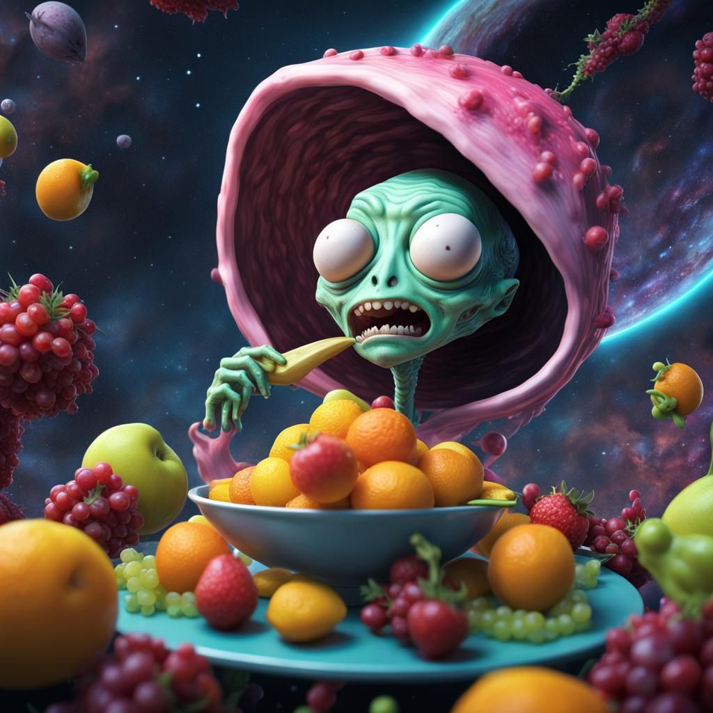 Alien Eats Fruit in Space: Rick and Morty Style