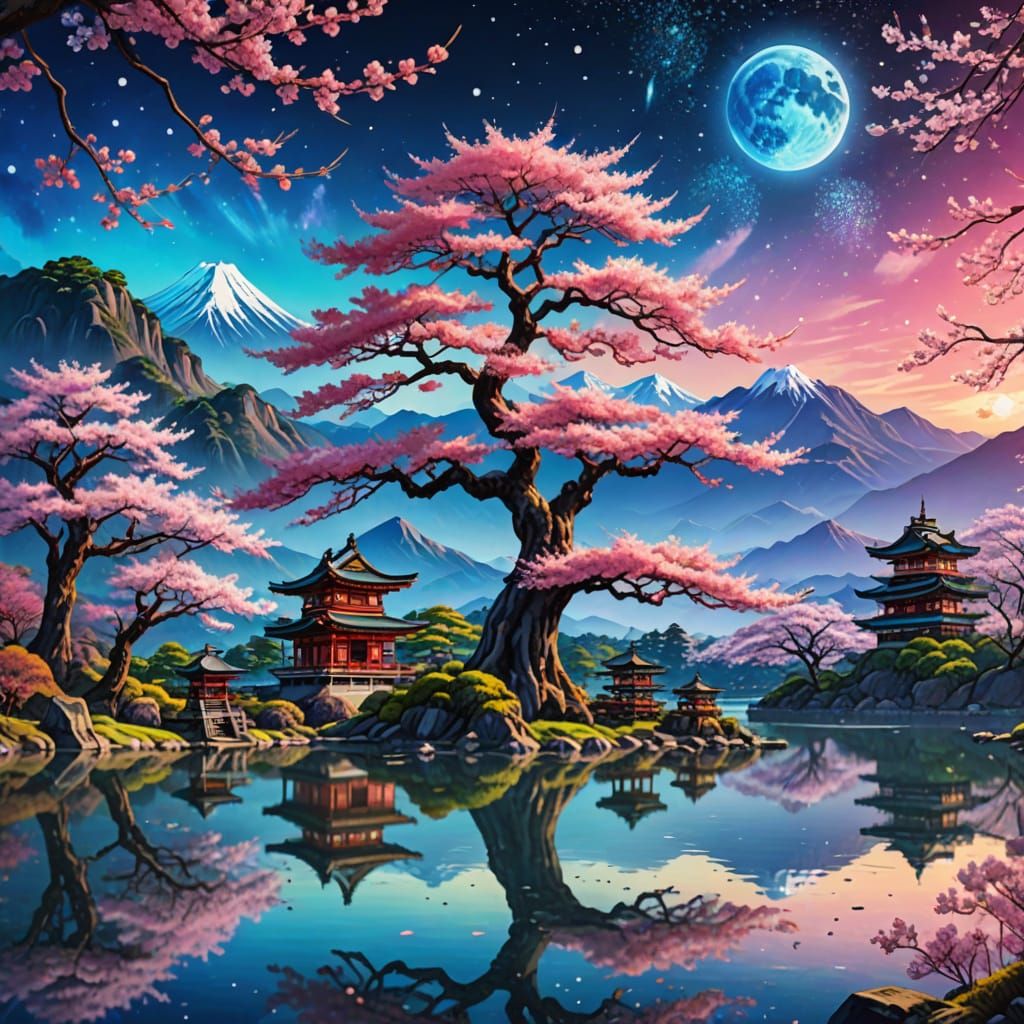 Sakura Tree by Lake: Holographic Astral Illustration