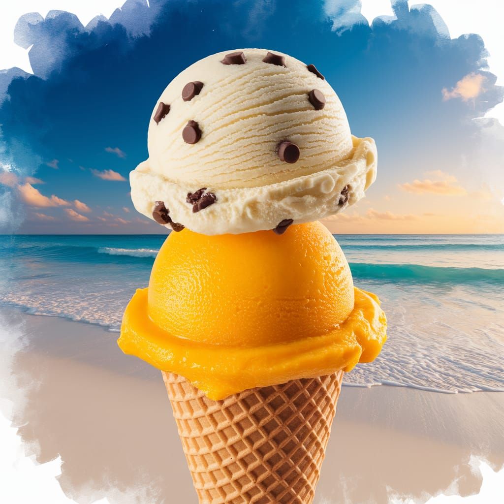 Ice Cream Cone on Beach in Watercolor Style