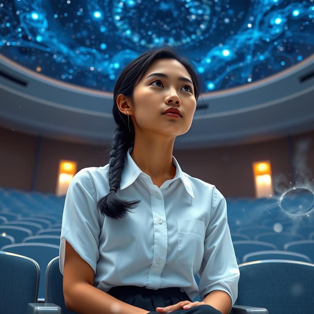 Thai Student in Futuristic Lecture Hall with Cosmic Projecti...