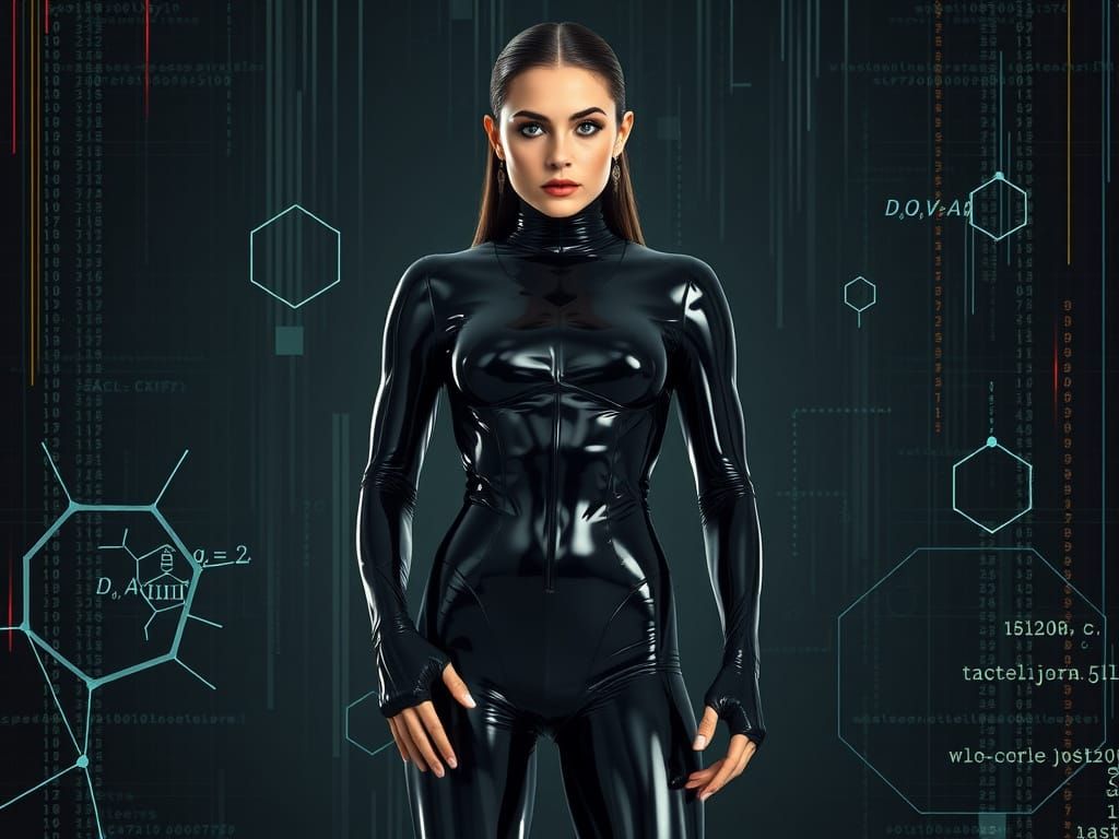Woman in Latex Catsuit with Digital Glitch Effects