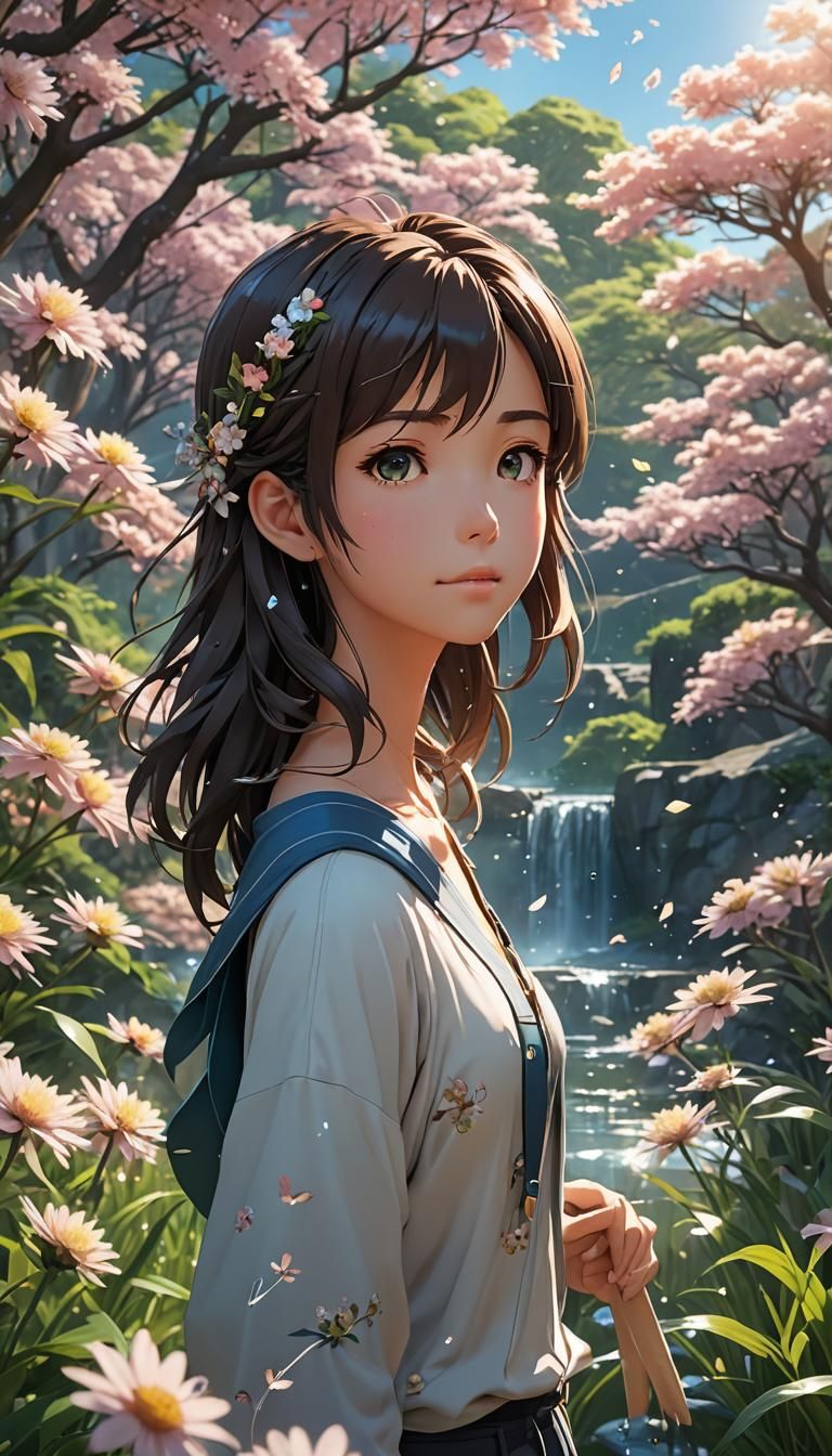 Anime Girl in Meadow, 3D Rendered Digital Art