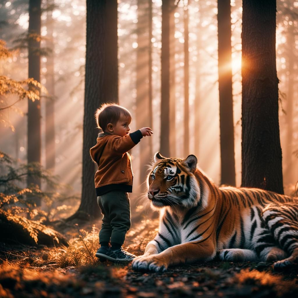 Baby and Tiger in Sunrise Forest: Cinematic Film Still