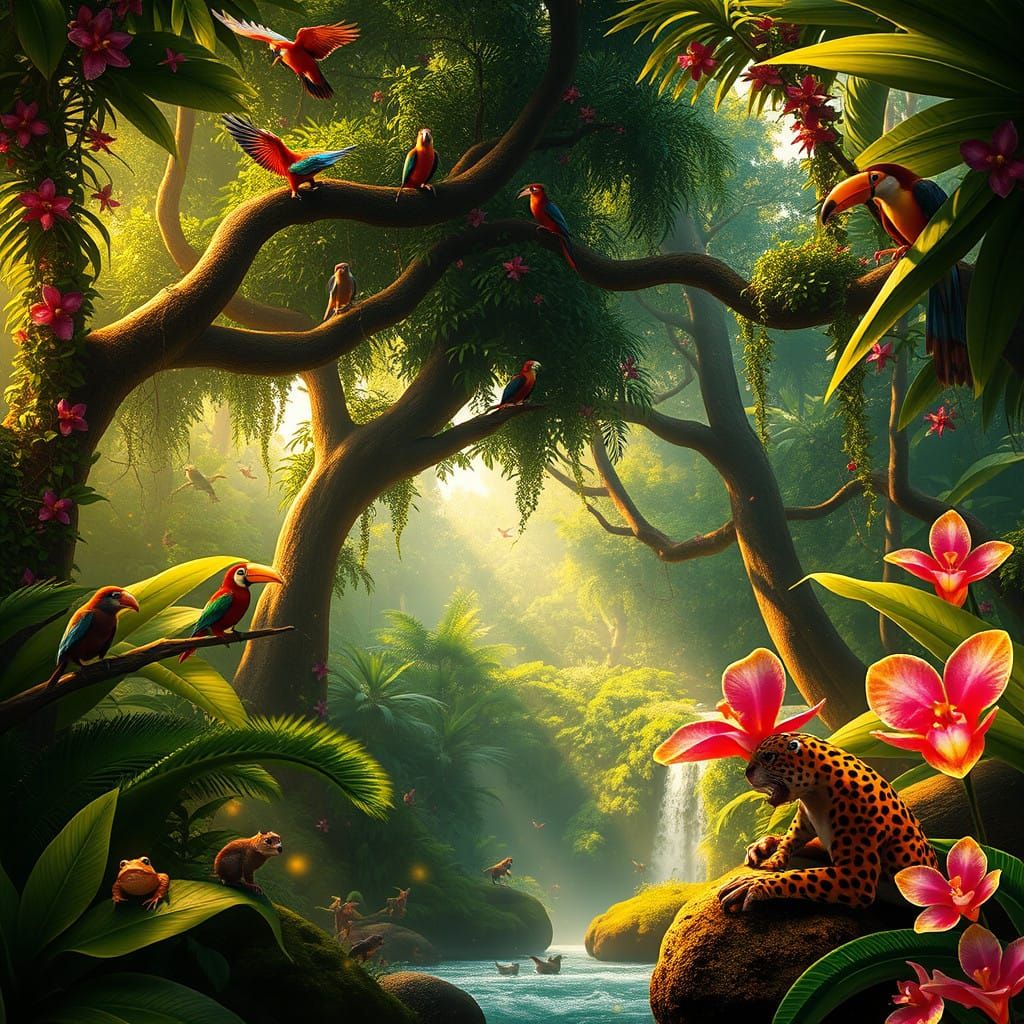 Vibrant Tropical Forest Scene in Dreamlike Style