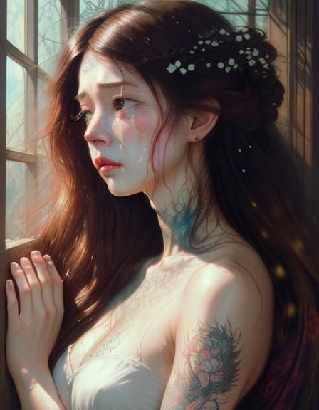 Crying Asian Woman in Rainy Despair