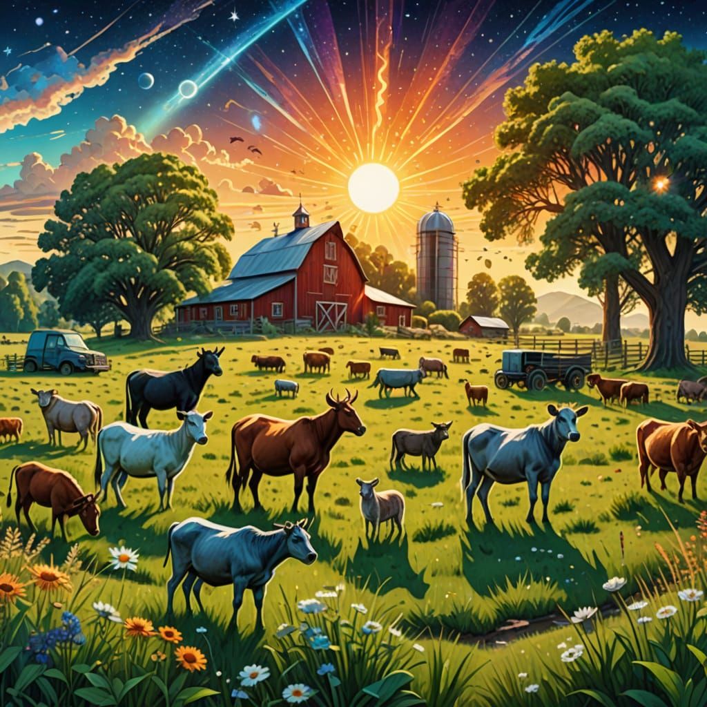 Farm in Open Meadow: Holographic Astral Illustration