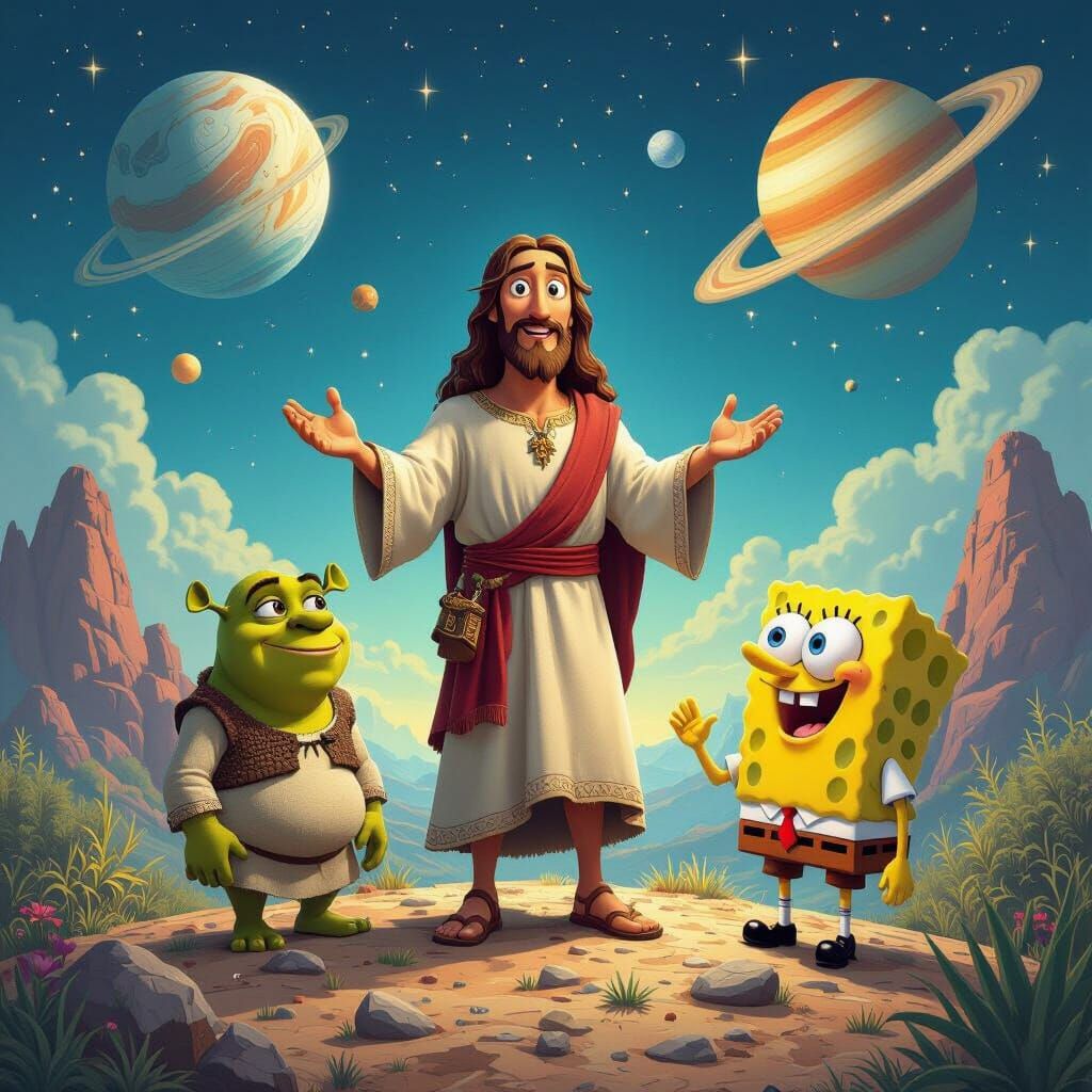 Epic Scene with Jesus, Shrek, and Spongebob