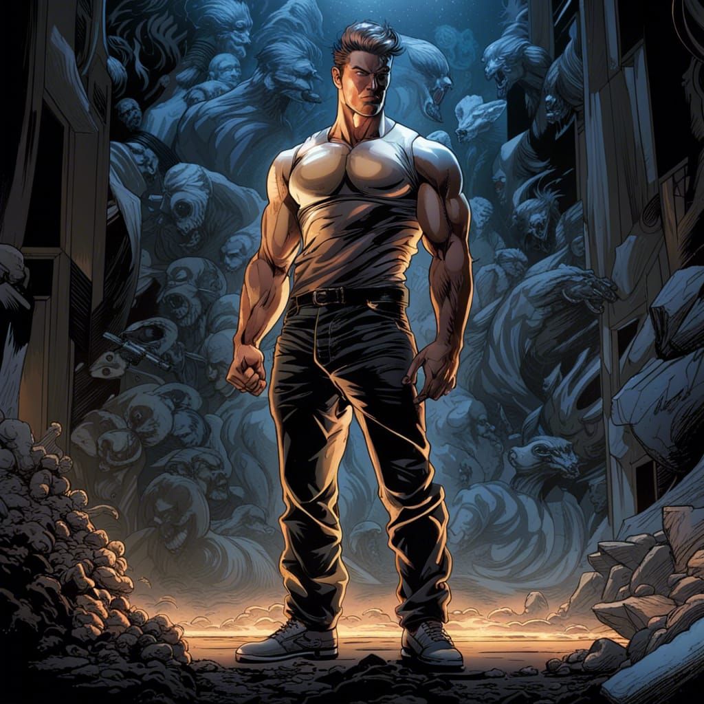 Hyperreal, gorgeous full body view of male model, contra-posts pose, chiaroscuro lighting, Mark Brooks and Dan Mumford, ...