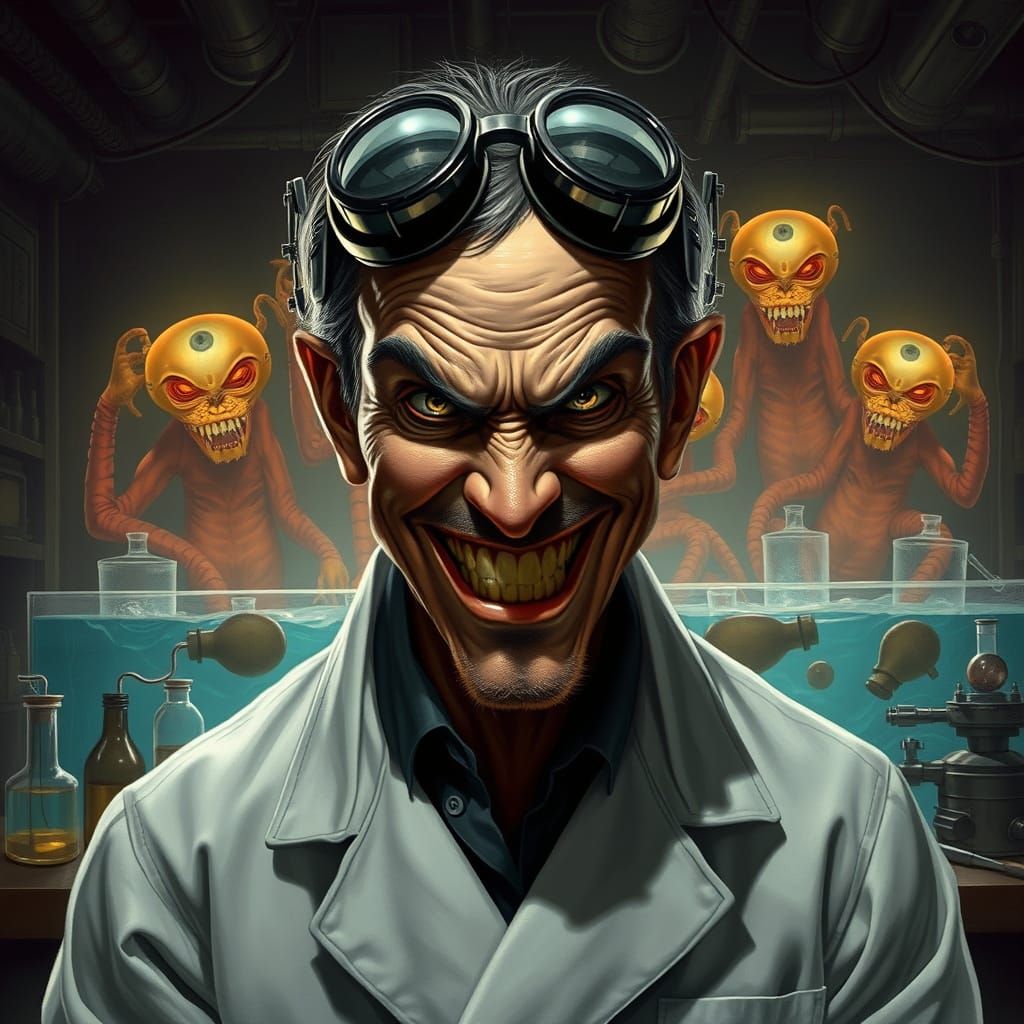 Sinister Scientist in Biomechanical Laboratory with Glowing ...