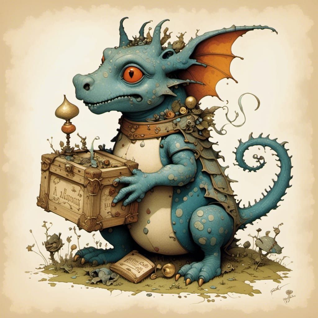 Cute Dragon with Treasure, Storybook Illustration