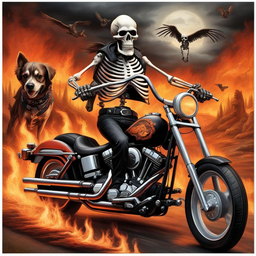 A Skeleton Biker and His Dog