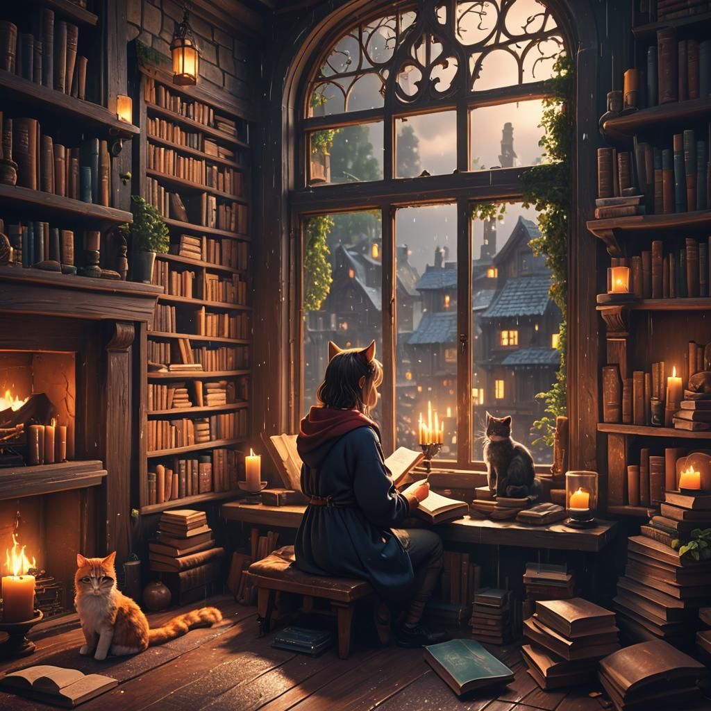 Cozy Reading Nook with Girl, Cat, and Books