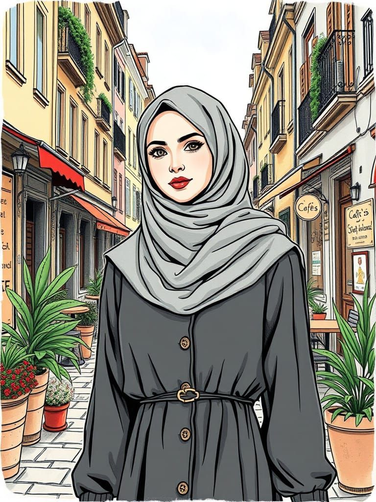 Elegant Hijabi Woman Strolls through a Vibrant City