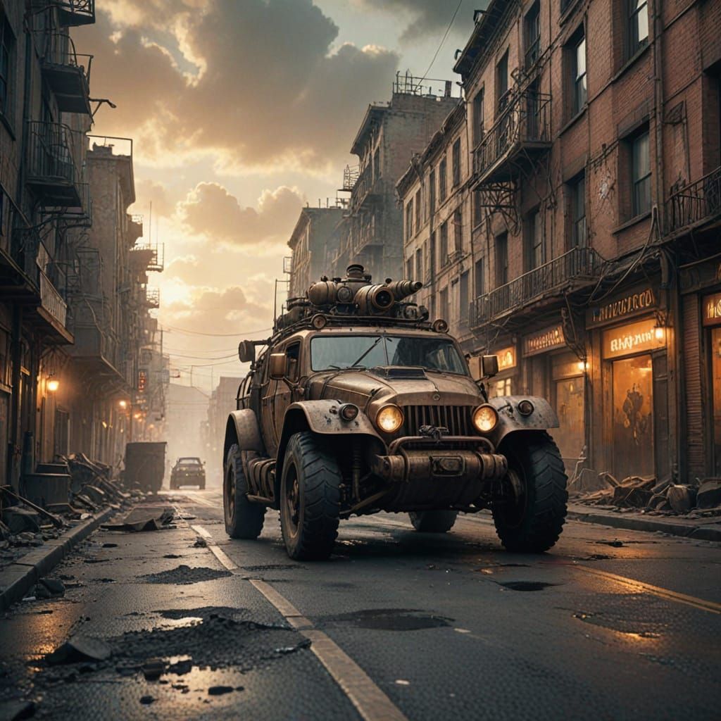 Steampunk Armoured Car in a Post-Apocalyptic Cityscape