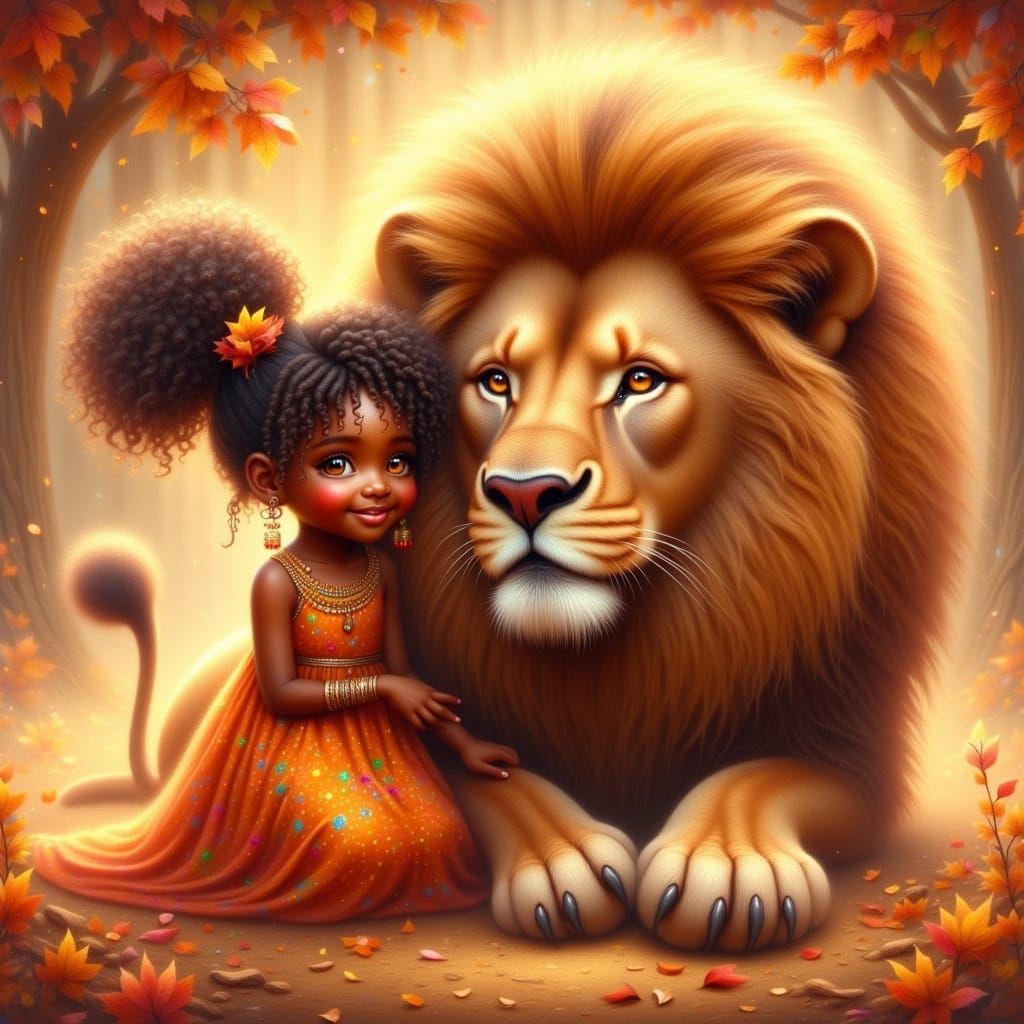 Anime Fairy Girl with Lion in Autumn Fantasy