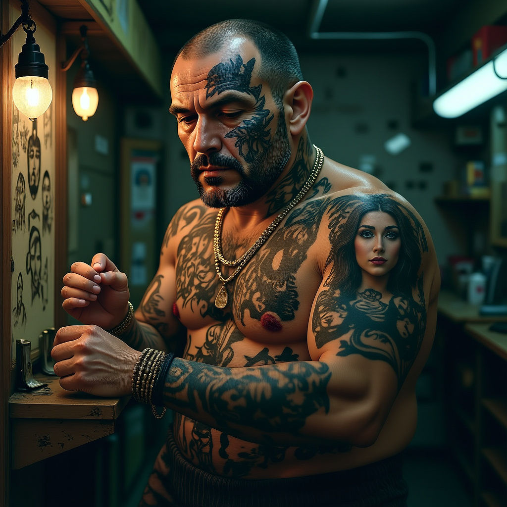 Tattooed Gangster's Regret: A Detailed Matte Painting