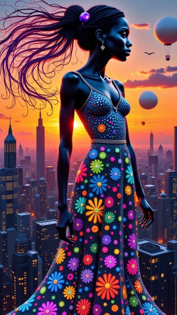Surreal Woman in Whimsical, Cyberpunk Cityscape