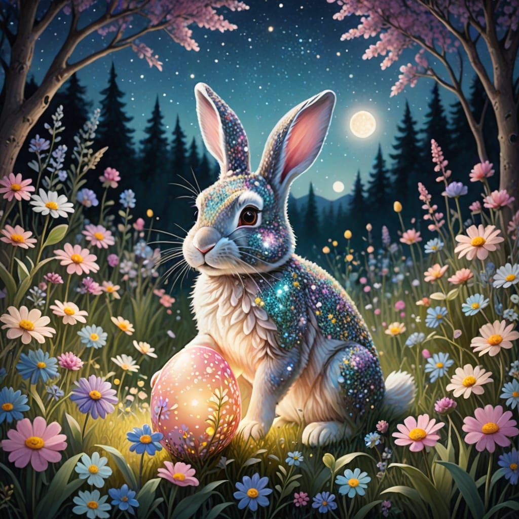 Magical Easter Bunny Hops Through Vibrant Moonlit Garden