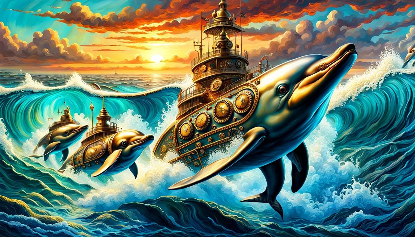 Steampunk Dolphins Race Across Ethereal Seascape