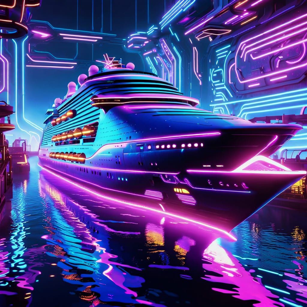 Luxury Disney Cruise Ship in Cyberpunk Style