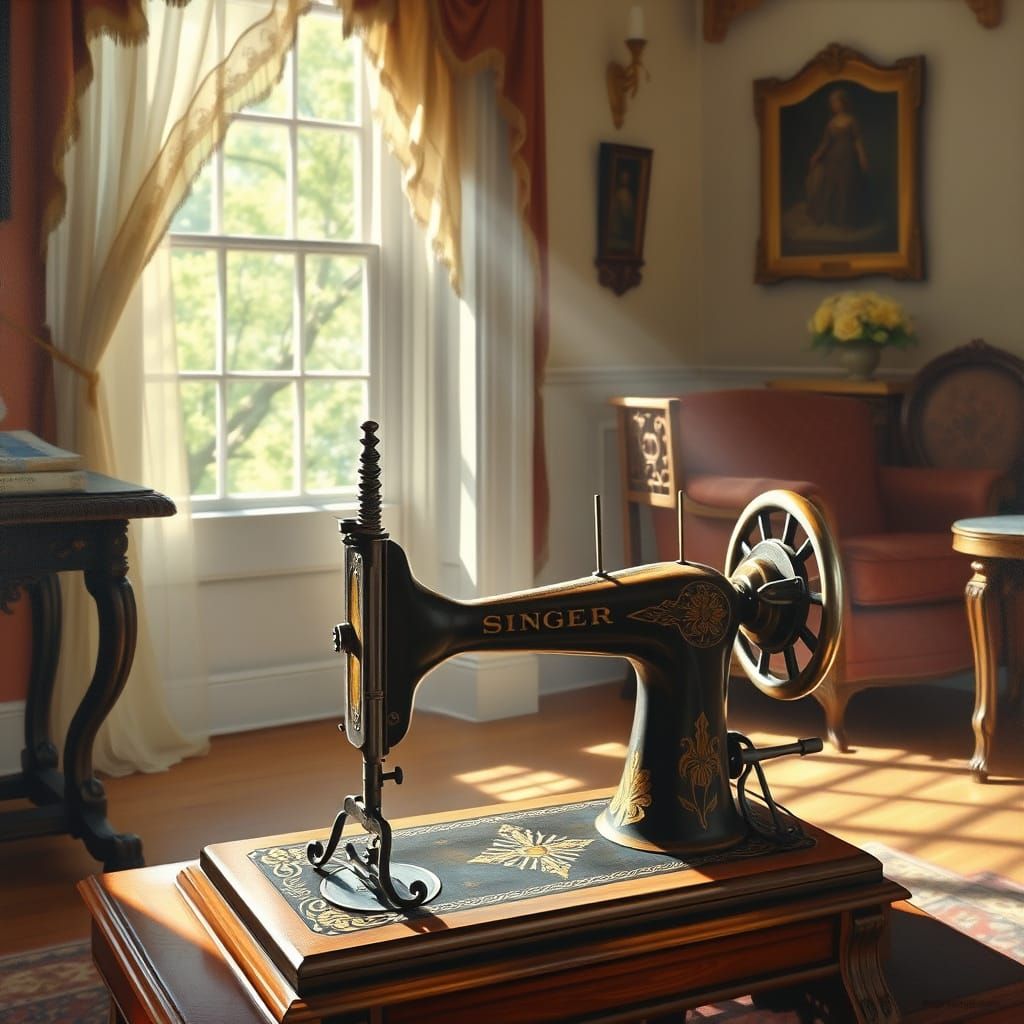Antique Singer Sewing Machine in Sunlit Victorian Parlor