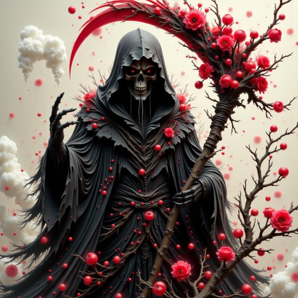 Cyberpunk Samurai Grim Reaper Surrounded by Cherry Blossoms