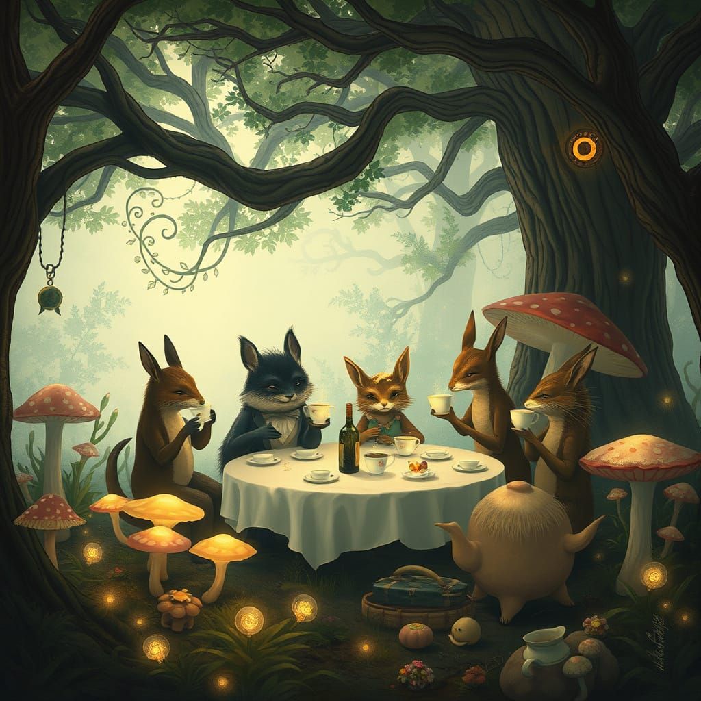 Surreal Tea Party in Hidden Grove, Fairy Tale Illustration