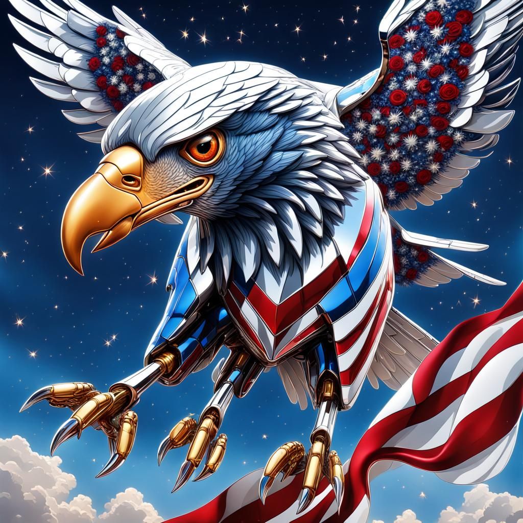 Chrome Eagle Flying in Stary Rose Rain