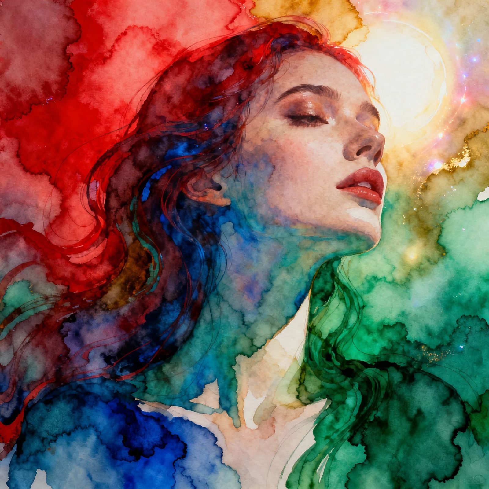 Ethereal Woman Portrait in Swirling Alcohol Ink