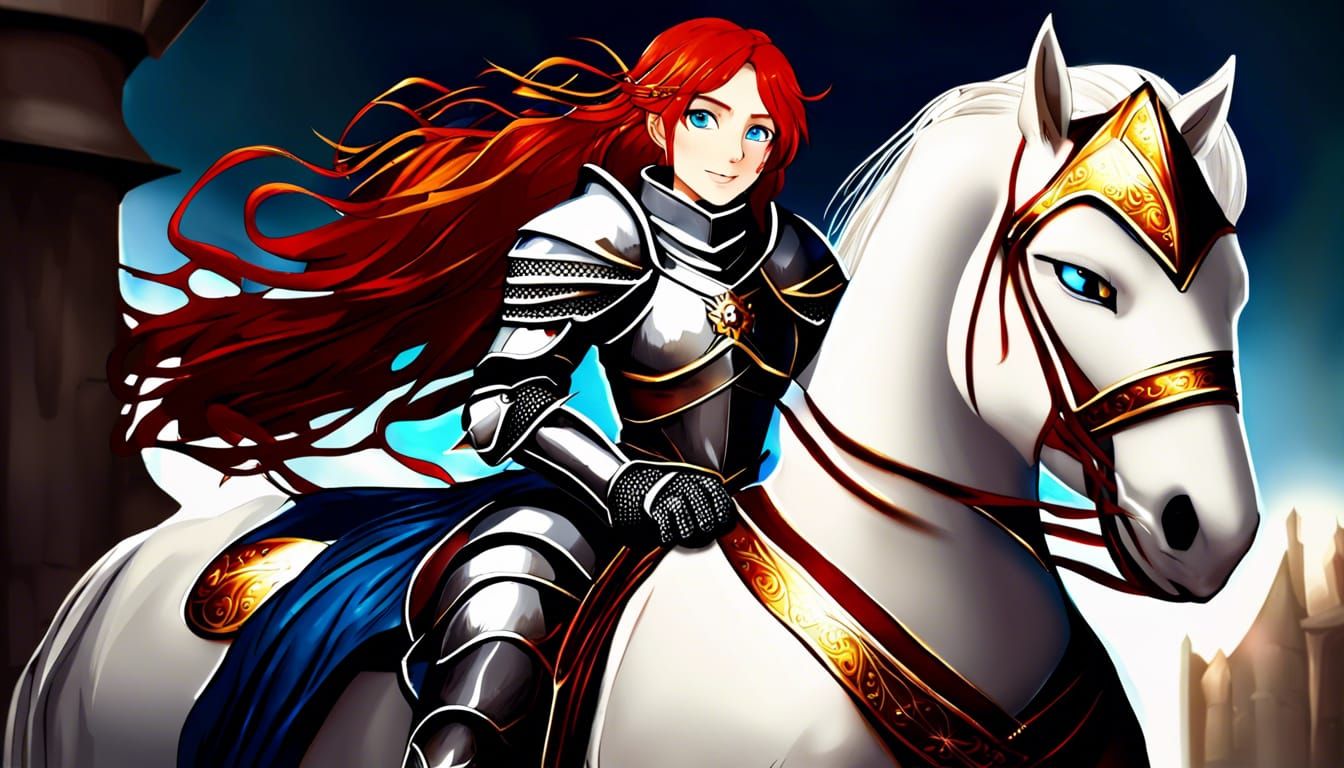 Red-Haired Knight on White Horse in Anime Style