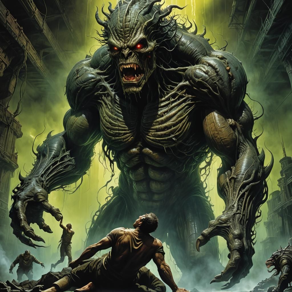 Gigantic Monster Crushing Man: Hyperrealistic Concept Art