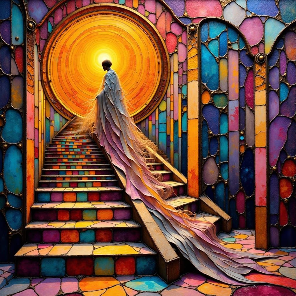 Goddess Descending Stained Glass Stairwell in Surreal Style