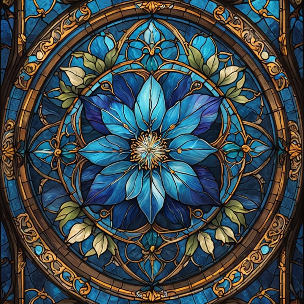Stained Glass Blue Clematis Flower Digital Painting