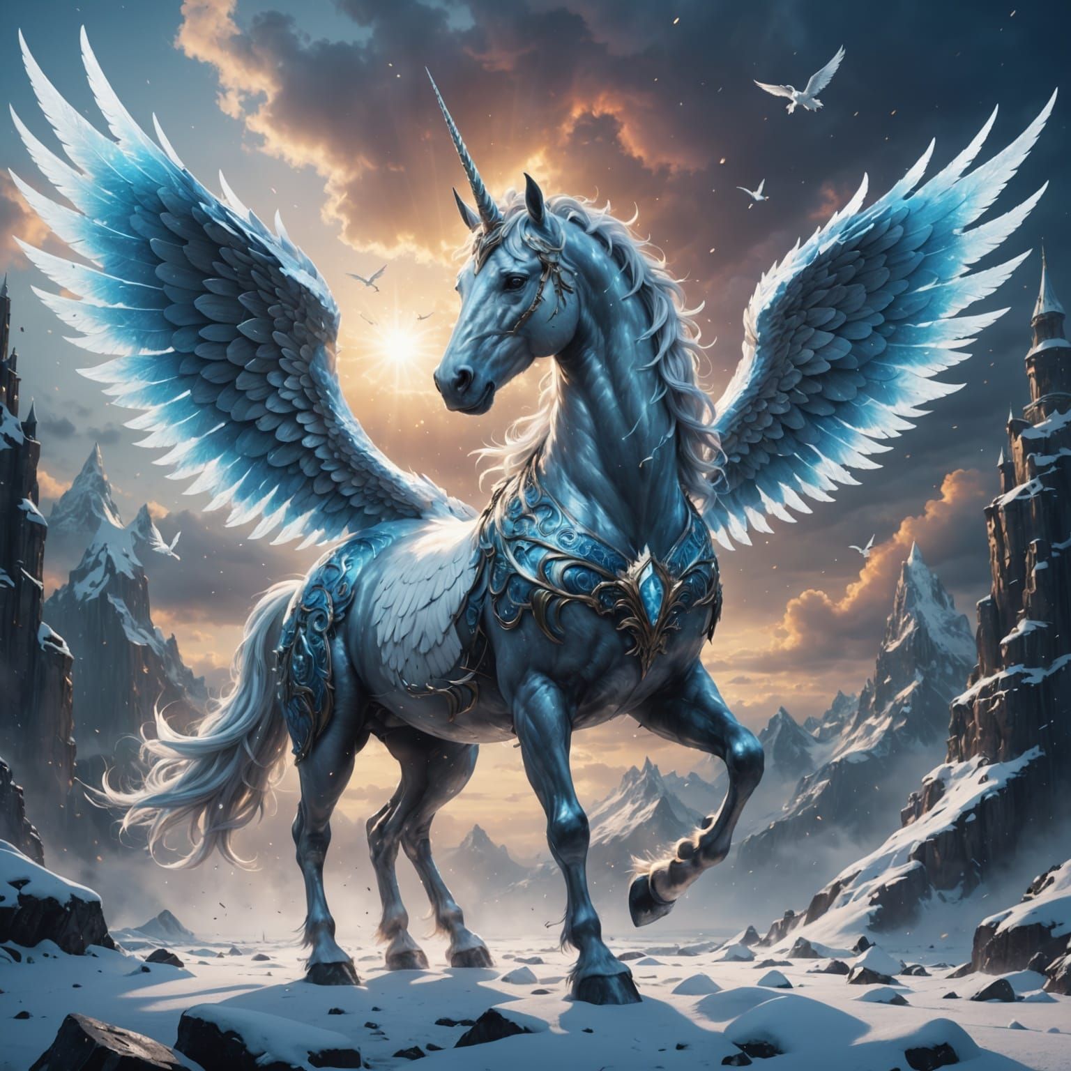 Mythic Icy Unicorn Takes Flight in Vibrant Heavenly Scene